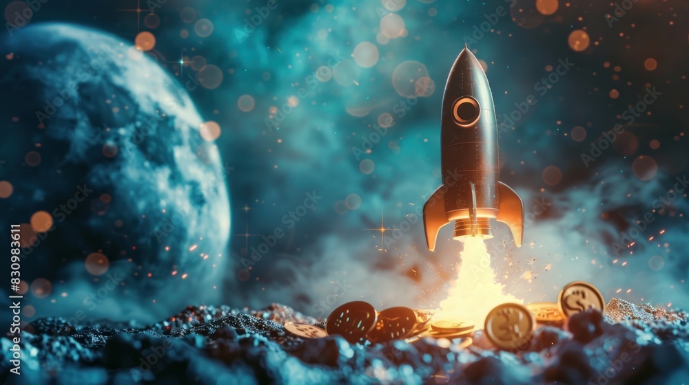 Rocketship model with coins lined up, symbolizing going to the moon.
Rocketship model with coins lined up, symbolizing going to the moon.