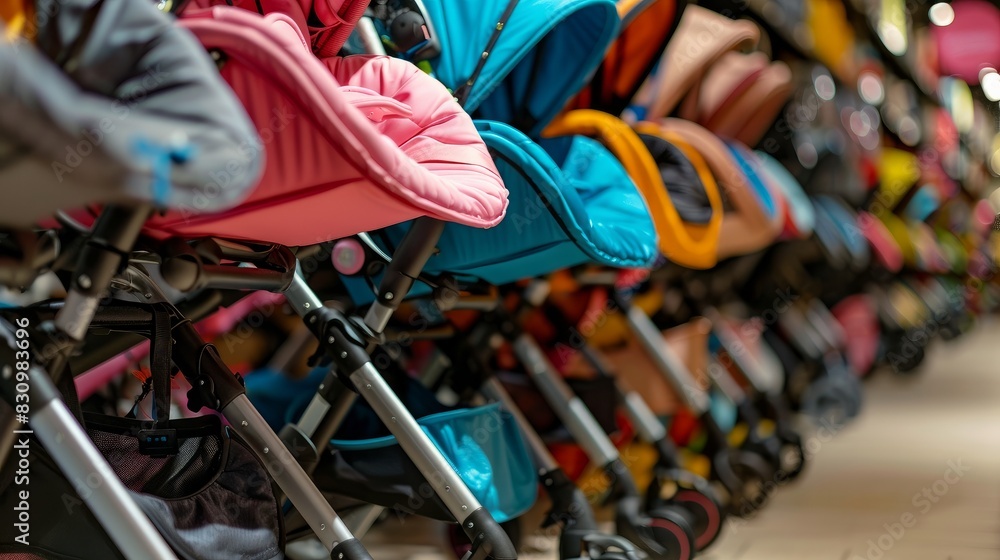 Fototapeta premium Baby strollers lined up on a shelf in a store.