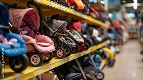 Baby strollers lined up on a shelf in a store.

 photo