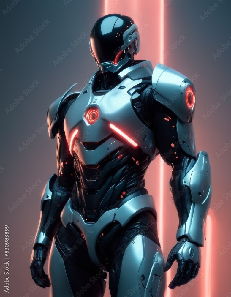 A futuristic robot featuring a dynamic, armored body with integrated red lighting stands against a minimalist backdrop.