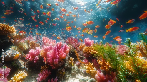 A lively underwater scene of a coral reef teeming with colorful fish and marine life in clear waters