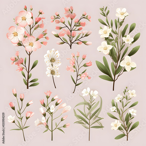 set of Waxflower  plants  leaves and flowers. illustrations of beautiful realistic flowers for background  pattern or wedding invitations