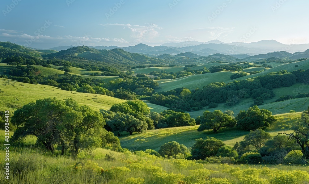 Obraz premium An expansive view of rolling hills covered in dense, green foliage stretches into the distance. The scene's open, clear areas provide a natural and serene.