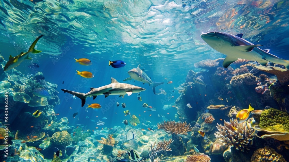 Fototapeta premium Animals of the underwater sea world. Ecosystem. Colorful tropical fish. Life in the coral reef
