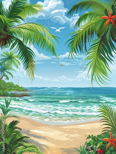 Tropical beach scene with palm trees  blue sky  and ocean waves.