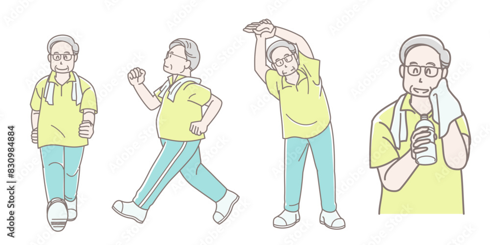 Naklejka premium 健康のために運動するシニア男性のイラスト（セット）