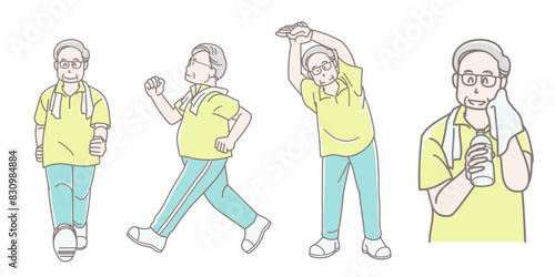 健康のために運動するシニア男性のイラスト（セット）