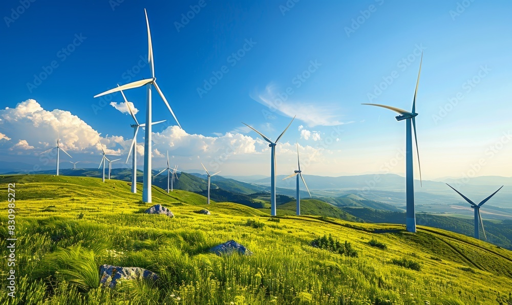 A wide shot of a wind farm shows turbines standing tall against a blue sky and green fields. The clean, sustainable energy theme and open space make it an ideal backdrop for text. A wide shot of a wind farm shows turbines standing tall against a blue sky and green fields. The clean, sustainable energy theme and open space make it an ideal backdrop for text.