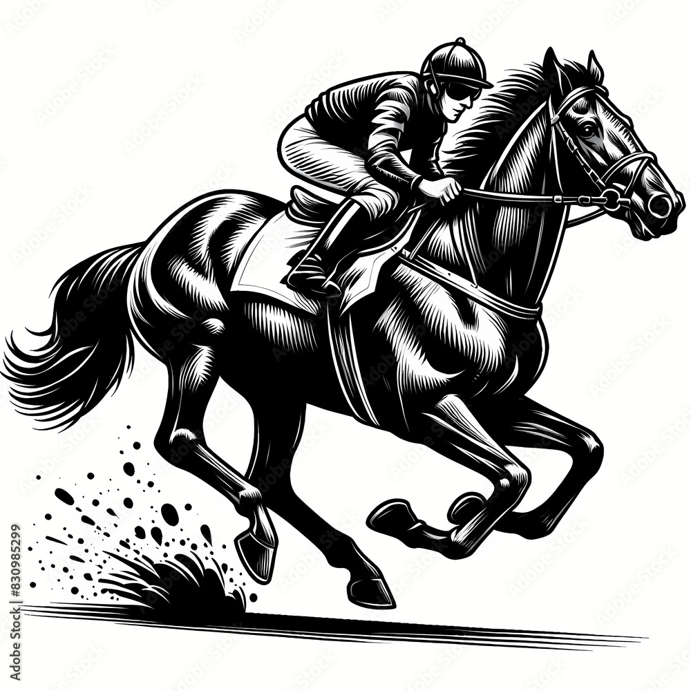 Obraz premium A jockey rides a muscular stallion on a horse race. Black and white illustration