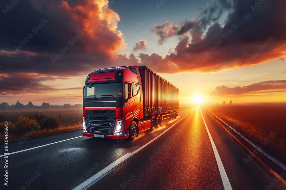 Large truck with trailer carrying goods on asphalt road at sunset Large truck with trailer carrying goods on asphalt road at sunset