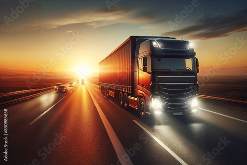 Large truck with trailer carrying goods on asphalt road at sunset photo