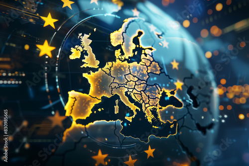 Abstract map of the European Union with stars representing each country in blue and gold or yellow colors