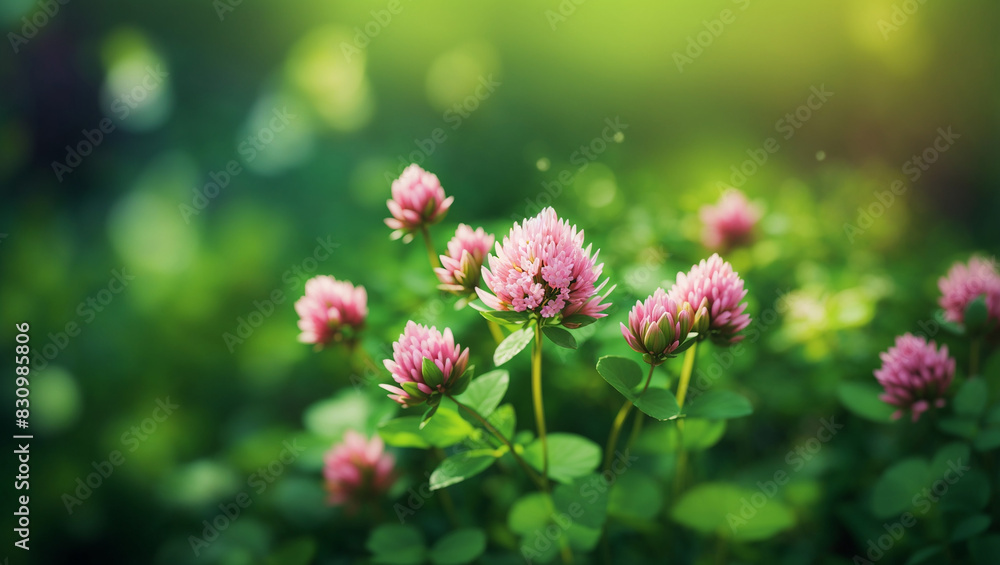 There are several pink clover flowers There are several pink clover flowers