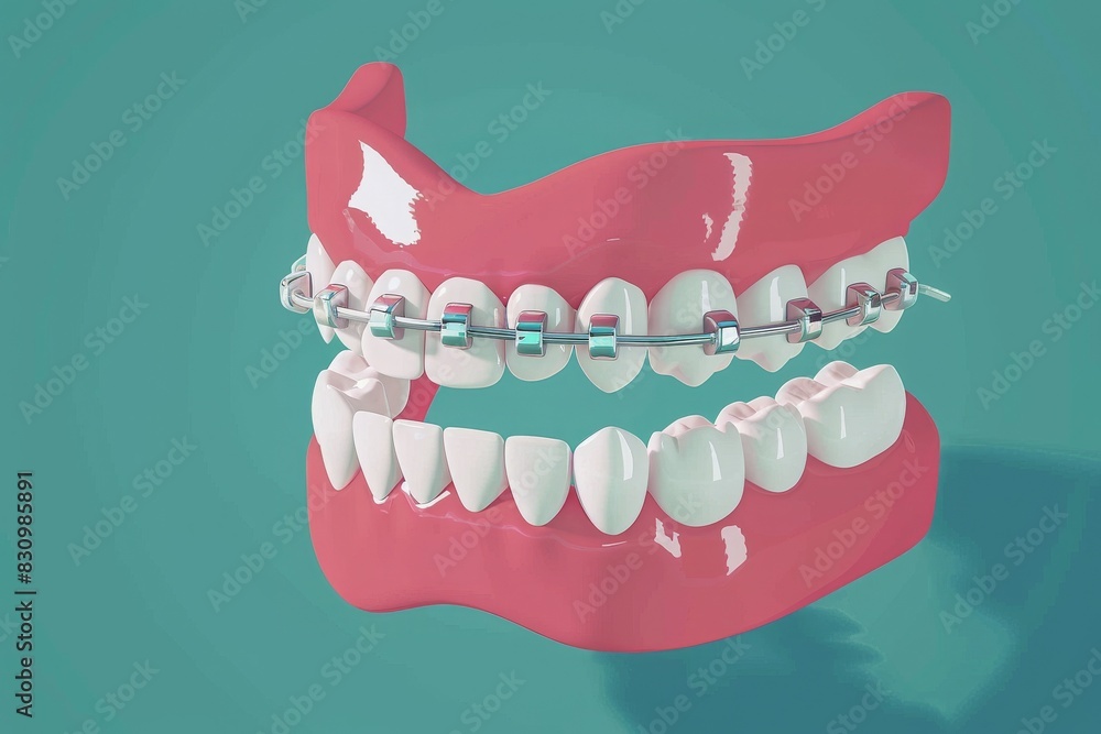 3D rendering of dental braces on a model of upper and lower teeth ...