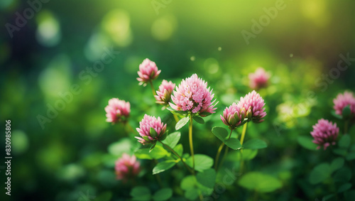 There are several pink clover flowers