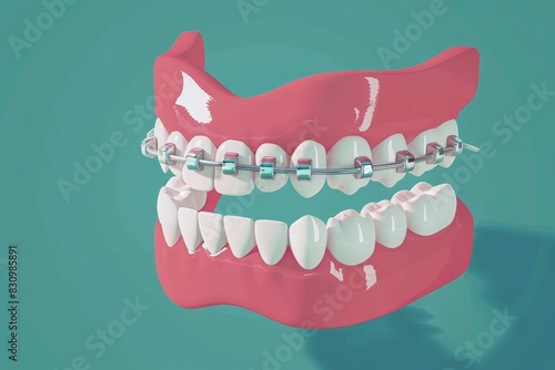 3D rendering of dental braces on a model of upper and lower teeth, showcasing orthodontic treatment with metal brackets.
