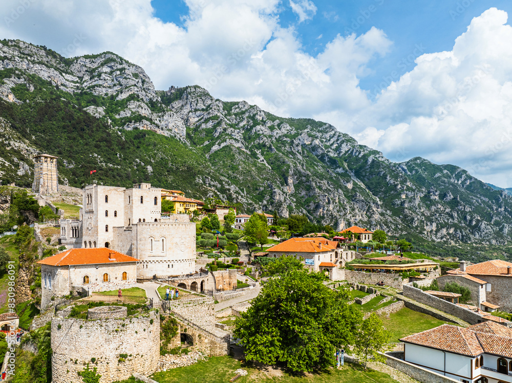 Fototapeta premium Kruje and Mount Kruje from a drone, Ishem River, Albania