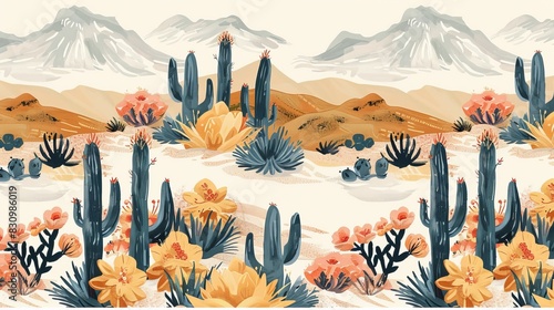 Seamless vector pattern featuring cacti and cowboy elements.

 photo