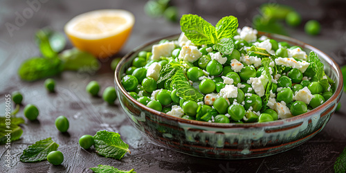 Pea and Mint Salad of blanched green peas tossed with fresh mint leaves, feta cheese, lemon juice, and olive oil. photo