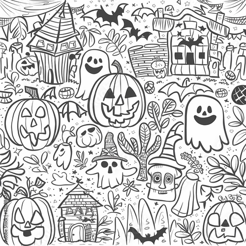 seamless pattern with houses and trees Halloween coloring book