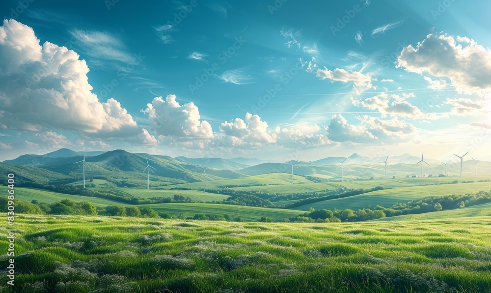 Obraz premium A wide shot of a wind farm shows turbines standing tall against a blue sky and green fields. The clean, sustainable energy theme and open space make it an ideal backdrop for text.