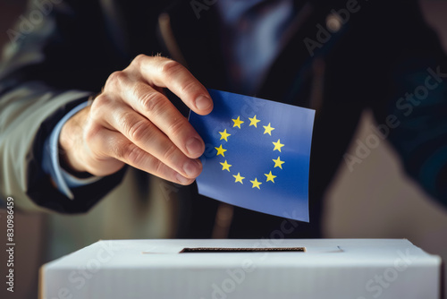 Man casting vote into a ballot box in front of European Union flag. Animated illustration representing EU elections. photo