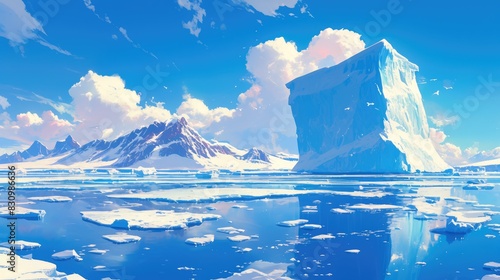 In the beautiful Antarctic sea an iceberg drifts among scattered ice floes under a clear blue sky and fluffy clouds painting a stunning winter Arctic scene with pure blue waters and snow cov photo