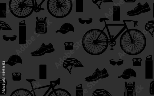 Seamless pattern Cycling Accessories repeatable vector pattern black dark background travel trip cycling boys things tours wallpaper, fabric, textile, travel items