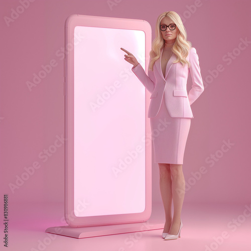 Modern saleswoman presenting on a giant blank smartphone. Bright pink and trendy scene.