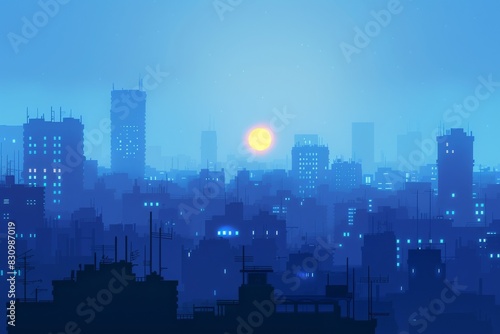 A stunning sunrise over a city skyline with blue hues and silhouetted skyscrapers  creating a tranquil urban scene in the early morning.