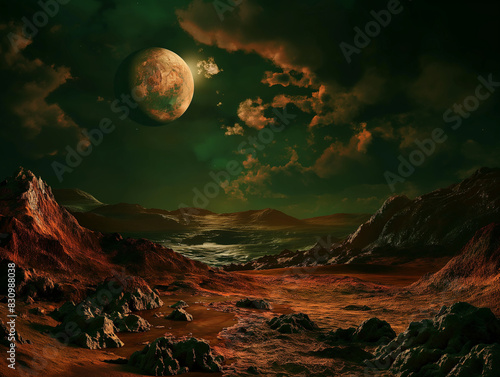 Surreal art fantasy scene secret mysterious beach sunset sea clouds. Baroque, renaissance style, rich colors, dramatic lighting, oil painting illustration