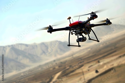 Drone Conducting Rescue Mission in Rugged War Zone Landscape