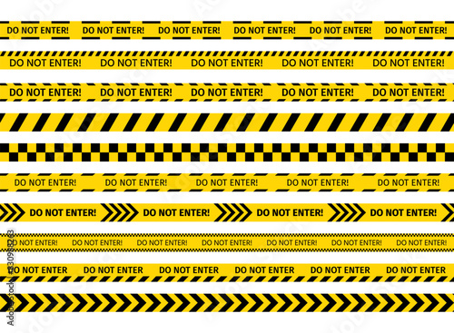 Do not enter seamless ribbons. Police warning yellow tape. Striped boundary lines on white background. Barrier tapes for crime scenes. Set of caution bands criminal accident place. Vector illustration