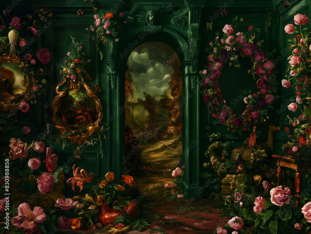 Surreal art fantasy scene secret mysterious garden of flowers and plants, peonies, tulips, roses, orchids, fruits. Baroque, renaissance style, rich colors, dramatic lighting, oil painting illustration
