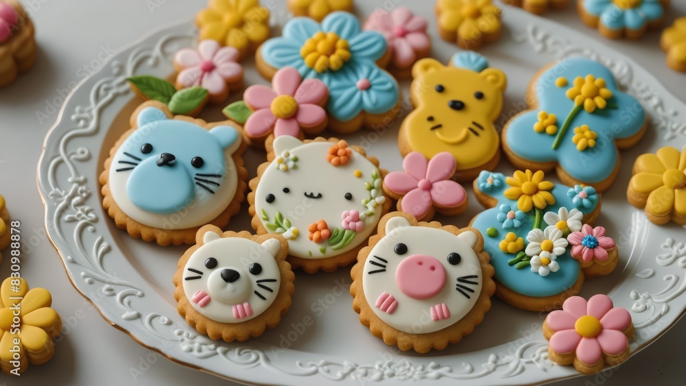 Adorable animal and floral themed sugar cookies beautifully decorated, perfect for a whimsical tea party or children's celebration.