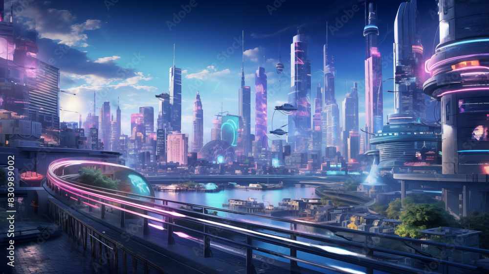 Fototapeta premium A futuristic city with fantastic neon lights.