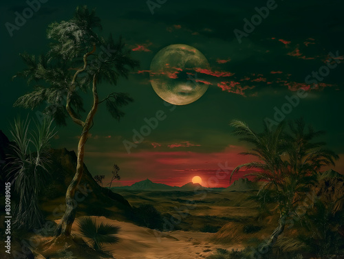 Surreal art fantasy scene secret mysterious beach sunset sea clouds. Baroque, renaissance style, rich colors, dramatic lighting, oil painting illustration