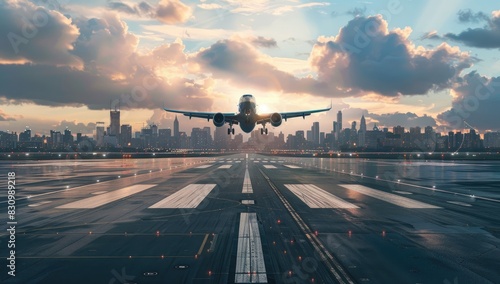 Airplane Landing in Modern City