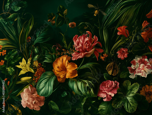 Surreal art fantasy scene secret mysterious garden of flowers and plants, peonies, tulips, roses, orchids, fruits. Baroque, renaissance style, rich colors, dramatic lighting, oil painting illustration