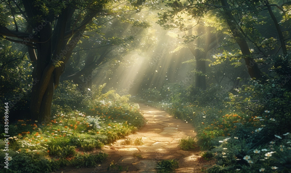 A sunlit path winds through a dense forest, with dappled light filtering through the trees. The inviting path and clearings offer perfect spots for adding text in a naturally beautiful setting.
