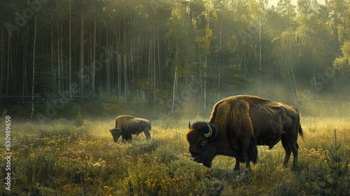 Bison feeding in a meadow at the maashorst photo