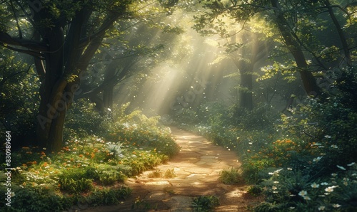 A sunlit path winds through a dense forest  with dappled light filtering through the trees. The inviting path and clearings offer perfect spots for adding text in a naturally beautiful setting.