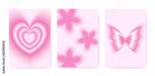 Y2K background with blurry shapes. Heart, flower, butterfly pink gradient elements 2000s style. Trendy templates for posters, cards and covers.
