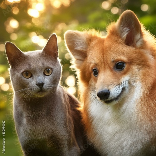 Cute young gray kitty and smiling young brown dog on green background and yellow highlights. Bokeh effect. International Animal Day. Friendship between animals