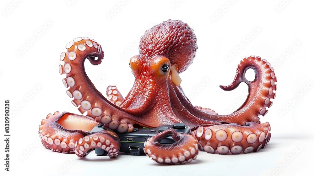 Cool octopus holding a joystick and playing video games isolated on white background. Generative Ai Cool octopus holding a joystick and playing video games isolated on white background. Generative Ai