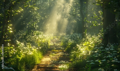 A sunlit path winds through a dense forest, with dappled light filtering through the trees. The inviting path and clearings offer perfect spots for adding text in a naturally beautiful setting.