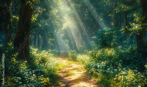 A sunlit path winds through a dense forest  with dappled light filtering through the trees. The inviting path and clearings offer perfect spots for adding text in a naturally beautiful setting.