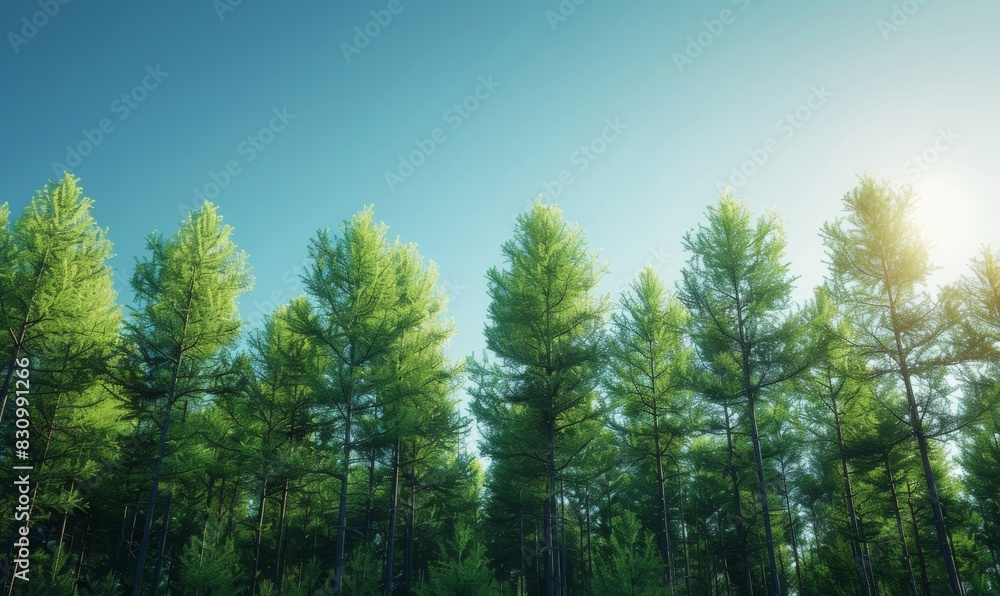 A serene forest landscape captures the majesty of tall, green trees stretching toward a clear blue sky. The scene offers a tranquil atmosphere. A serene forest landscape captures the majesty of tall, green trees stretching toward a clear blue sky. The scene offers a tranquil atmosphere.