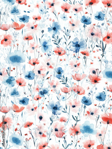 Ai Generated Art Texture Background of Different Watercolor Wildflowers in Bright Blue Pink and Red Colors On a White Background