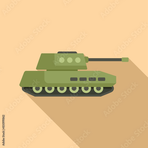 Modern flat design of a green military tank with a long barrel on a beige background